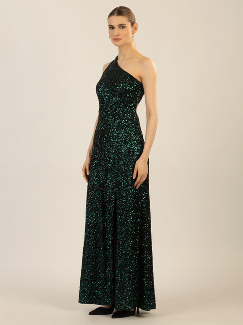 APART One-Shoulder Abendkleid mit unterschiedlich großen Pailletten bestickt | emerald image 1