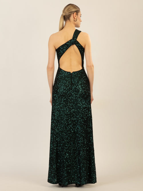 APART One-Shoulder Abendkleid mit unterschiedlich großen Pailletten bestickt | emerald image 1