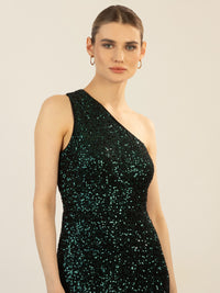 APART One-Shoulder Abendkleid mit unterschiedlich großen Pailletten bestickt | emerald