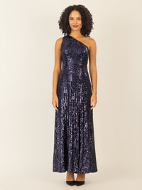 APART One-Shoulder Abendkleid mit unterschiedlich großen Pailletten bestickt | nachtblau