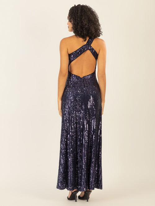 APART One-Shoulder Abendkleid mit unterschiedlich großen Pailletten bestickt | nachtblau image 1