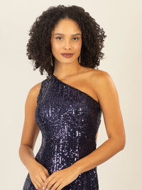 APART One-Shoulder Abendkleid mit unterschiedlich großen Pailletten bestickt | nachtblau