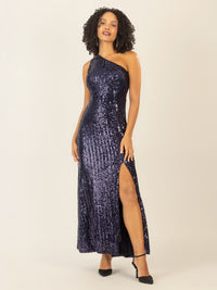 APART One-Shoulder Abendkleid mit unterschiedlich großen Pailletten bestickt | nachtblau