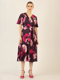 APART Midi-Satinkleid aus matt-schimmerndem Satin mit allover Blumendruck | pflaume-multicolor