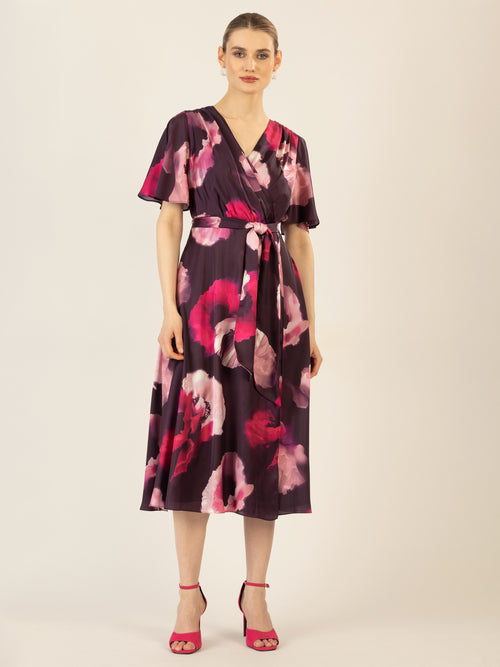 APART Midi-Satinkleid aus matt-schimmerndem Satin mit allover Blumendruck | pflaume-multicolor image 1