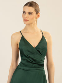 APART Satin-Abendkleid mit Wickeleffekt | emerald