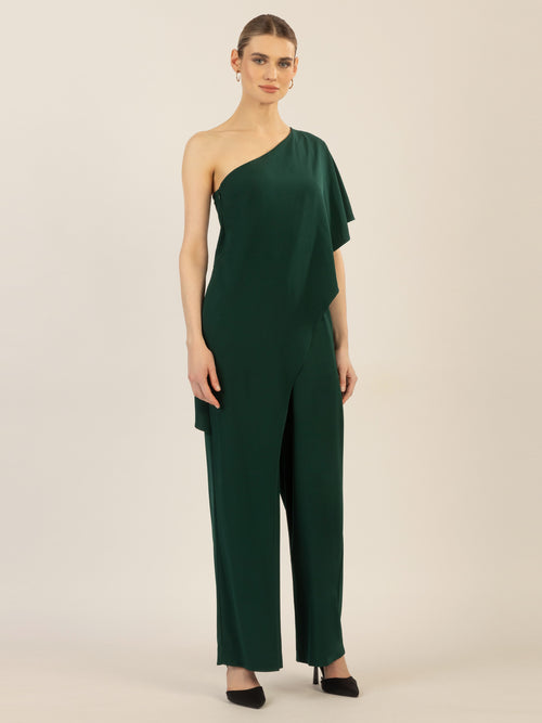 APART One-Shoulder Overall aus einer leicht körnigen Ware | emerald image 1