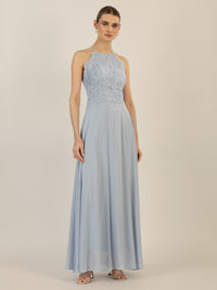 APART Abendkleid aus besticktem Mesh mit farbigen Perlen und Chiffon | hellblau