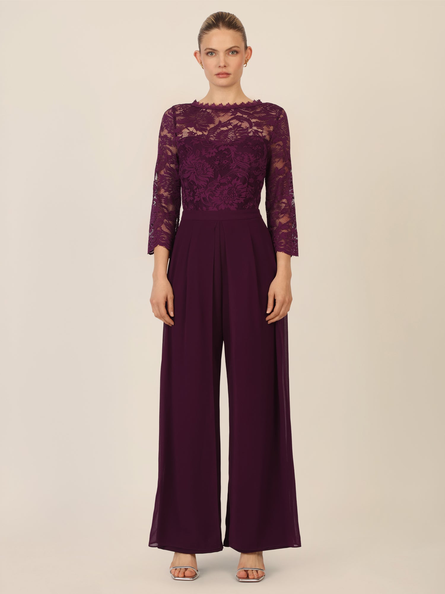 APART Abendoverall mit Spitzentop und weitem Bein | dunkel lila