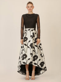 APART Jacquard-Meshkleid mit floraler High-Low-Rockpartie | schwarz-creme