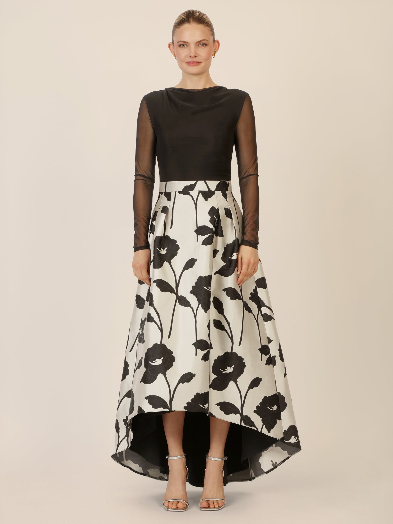 APART Jacquard-Meshkleid mit floraler High-Low-Rockpartie | schwarz-creme