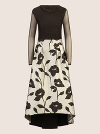 APART Jacquard-Meshkleid mit floraler High-Low-Rockpartie | schwarz-creme