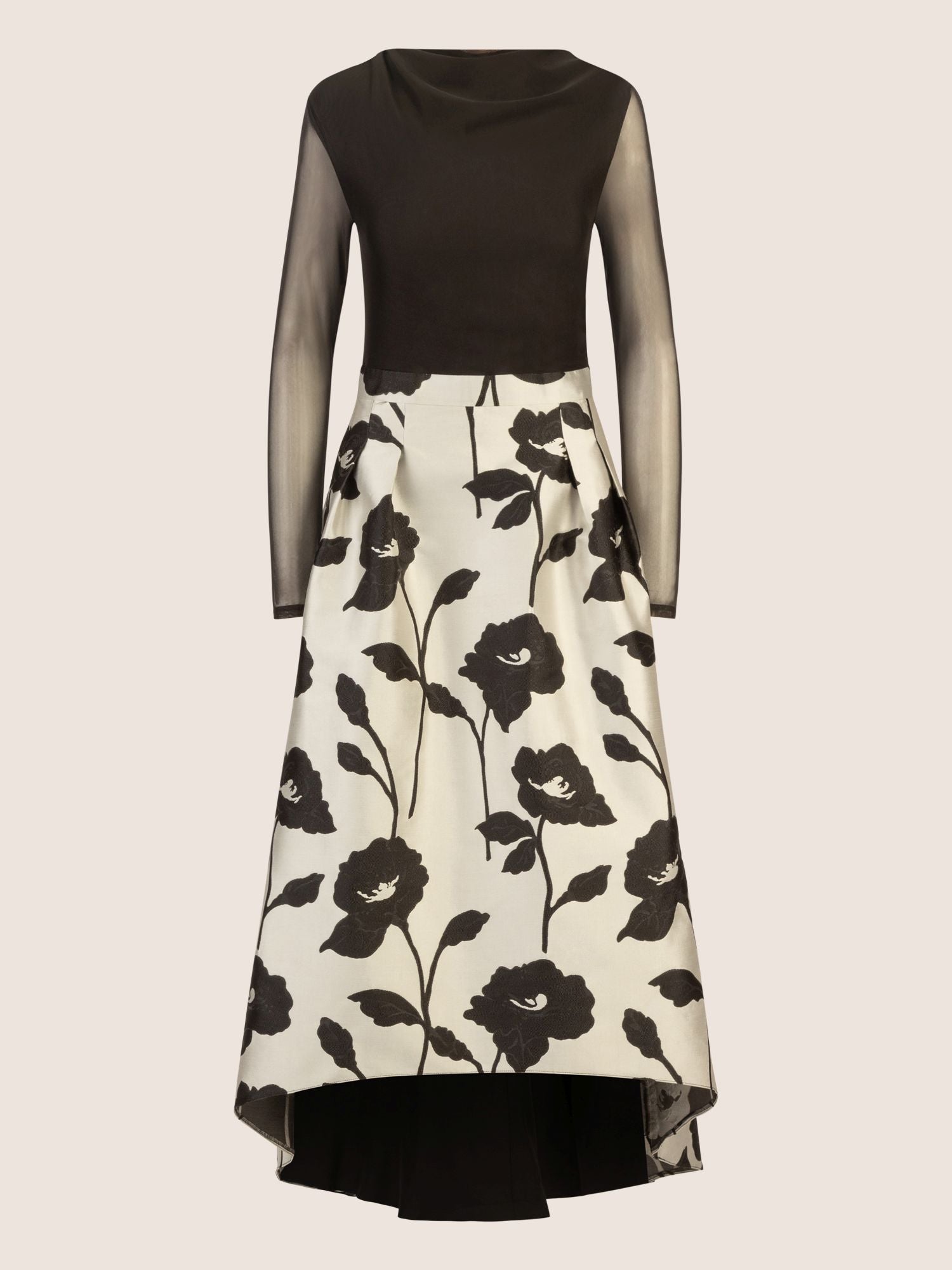 APART Jacquard-Meshkleid mit floraler High-Low-Rockpartie | schwarz-creme