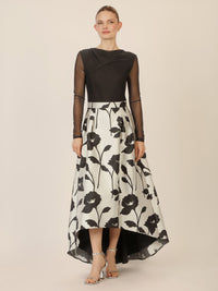 APART Jacquard-Meshkleid mit floraler High-Low-Rockpartie | schwarz-creme