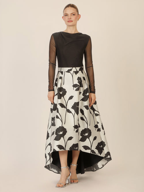 APART Jacquard-Meshkleid mit floraler High-Low-Rockpartie | schwarz-creme image 1