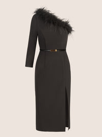 APART One-Shoulder Cocktailkleid mit Federbesatz | schwarz