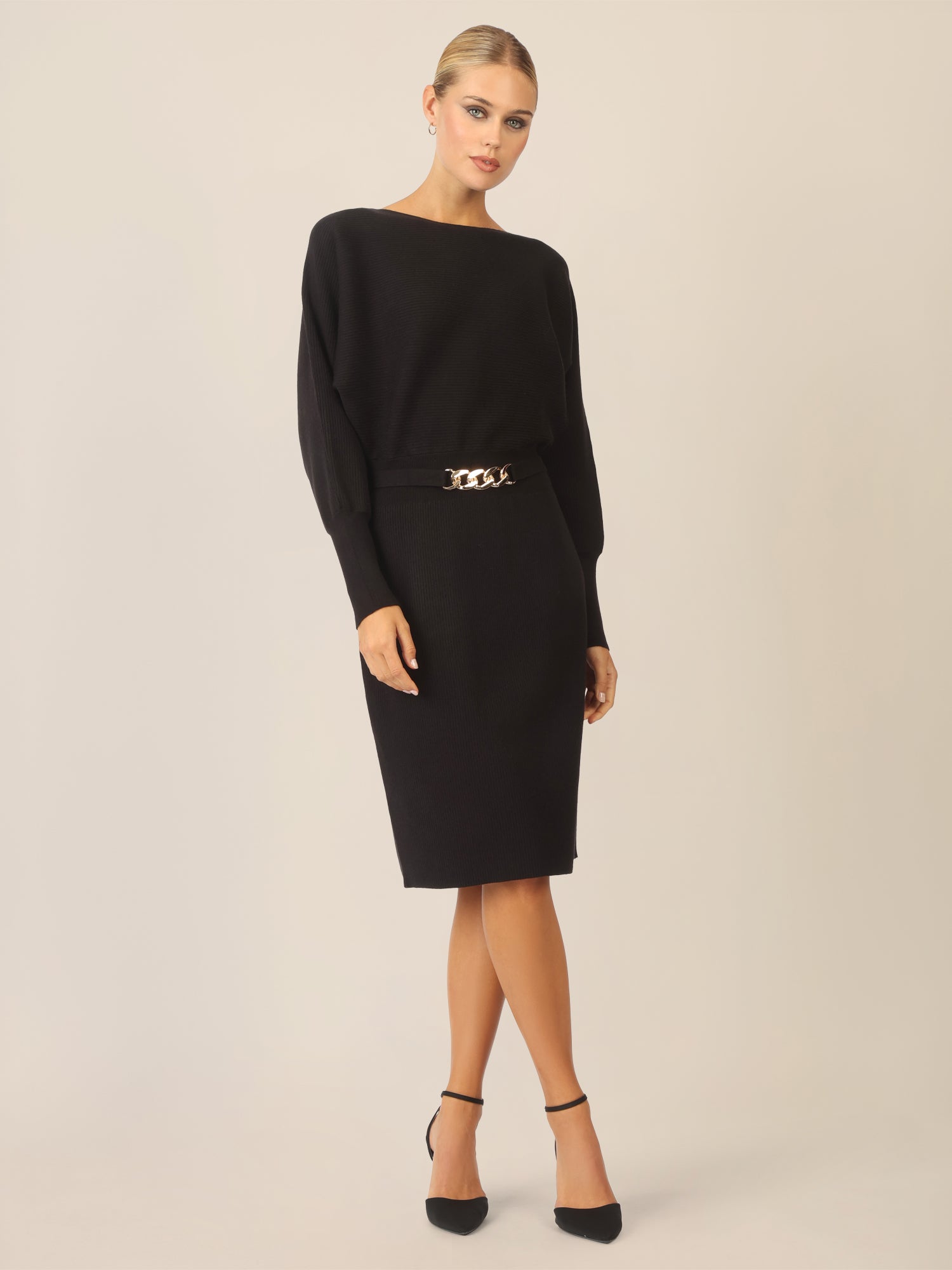 APART Strickkleid mit Gliederkette Detail Gürtel | schwarz