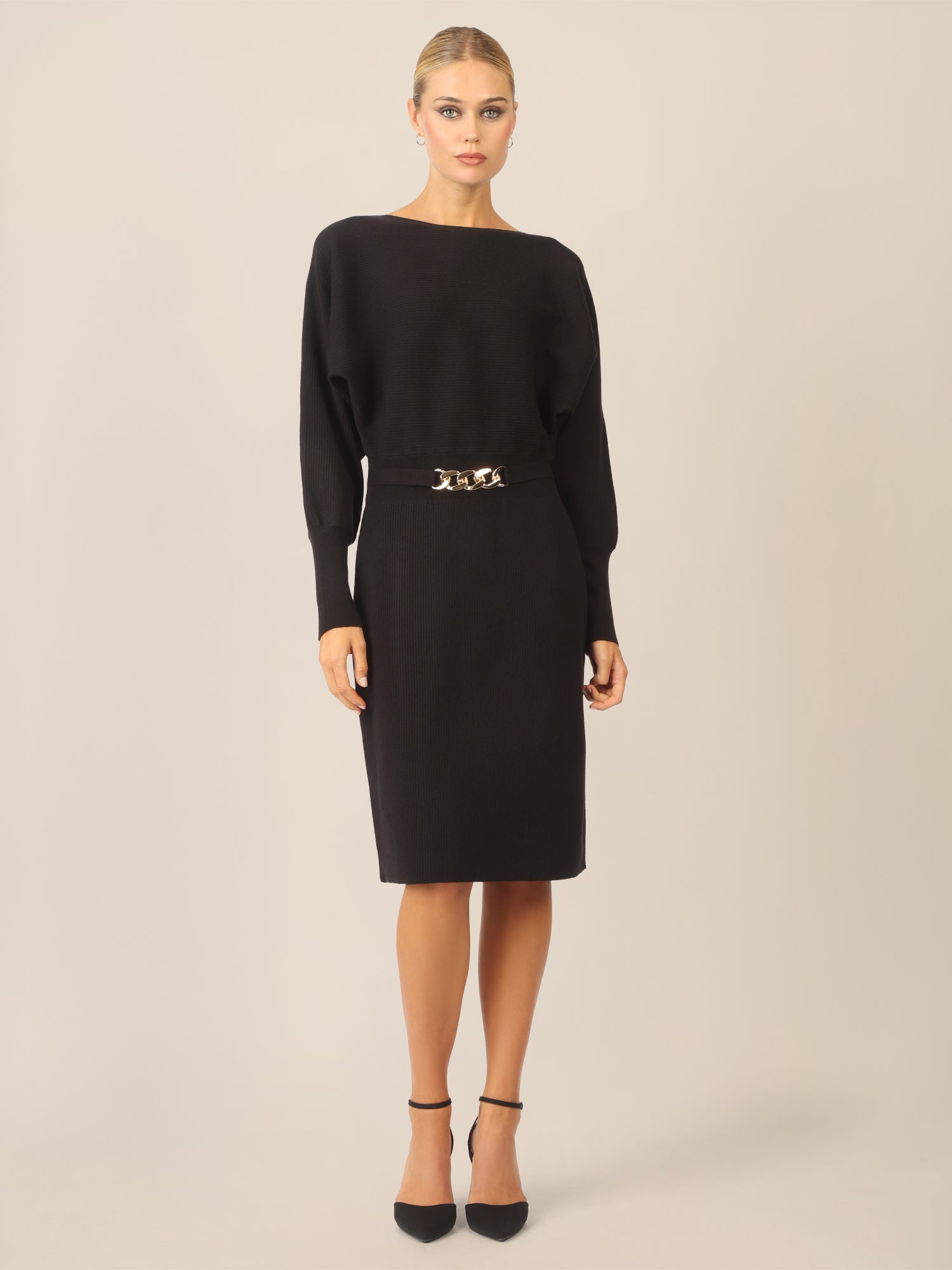 APART Strickkleid mit Gliederkette Detail Gürtel | schwarz