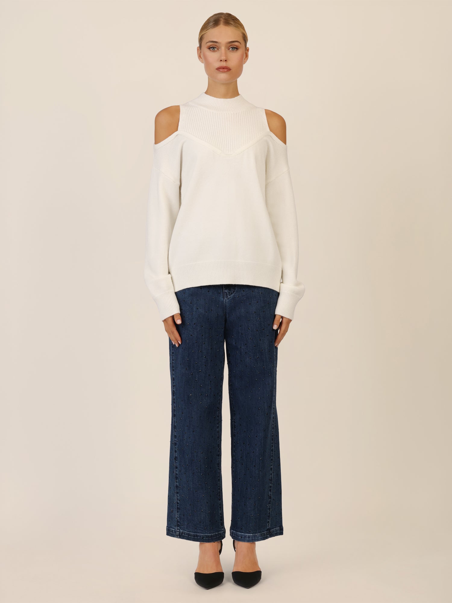 APART Oversized Pullover mit Cut-outs und Rippeinsatz | creme