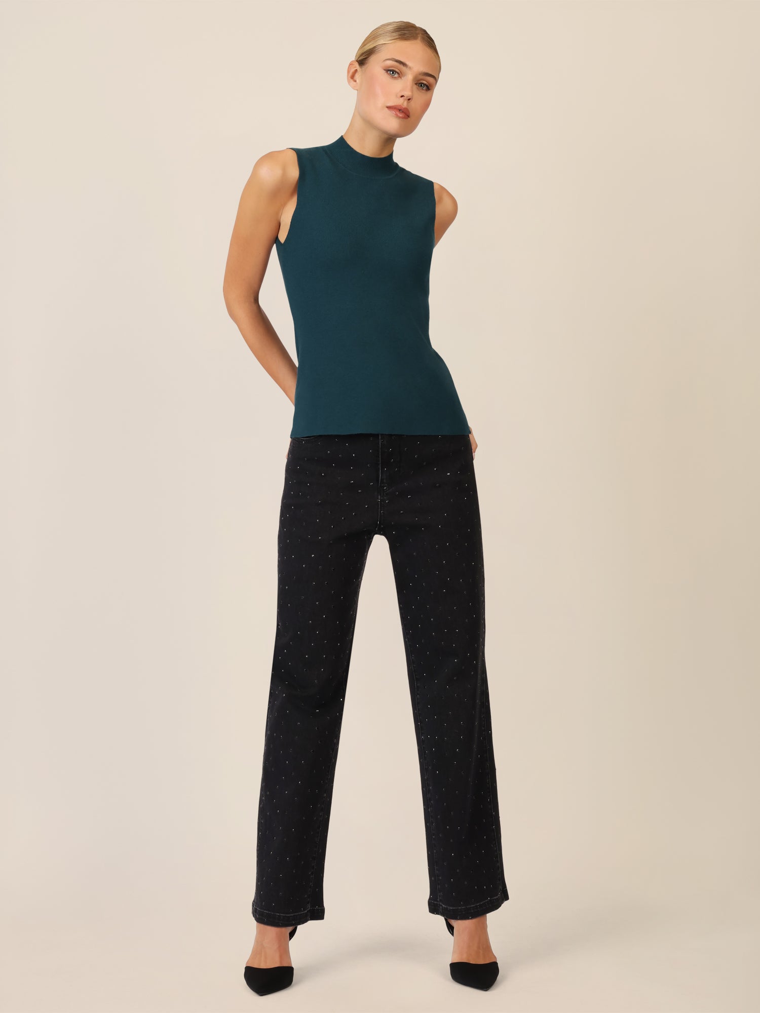 APART Stricktop mit Stehkragen und Ärmellos-Design | dunkelgrün