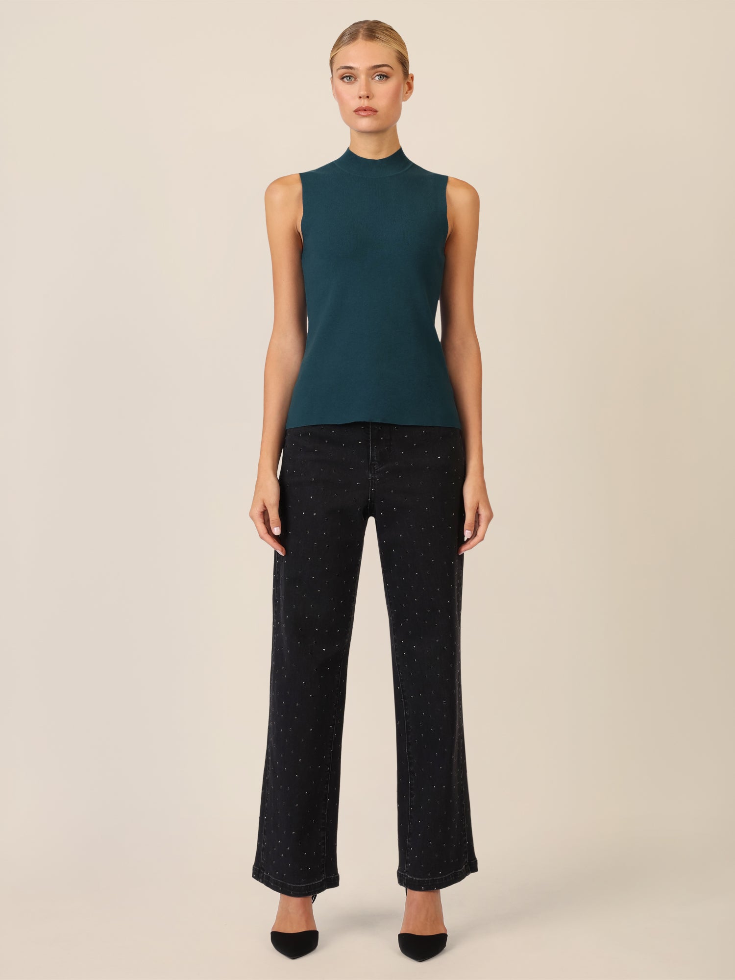 APART Stricktop mit Stehkragen und Ärmellos-Design | dunkelgrün