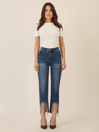 APART Mom Jeans mit Kristallsteinen mit Kristallstein Fransen am Saum | mittelblau