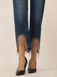 APART Mom Jeans mit Kristallsteinen mit Kristallstein Fransen am Saum | mittelblau