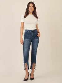 APART Mom Jeans mit Kristallsteinen mit Kristallstein Fransen am Saum | mittelblau