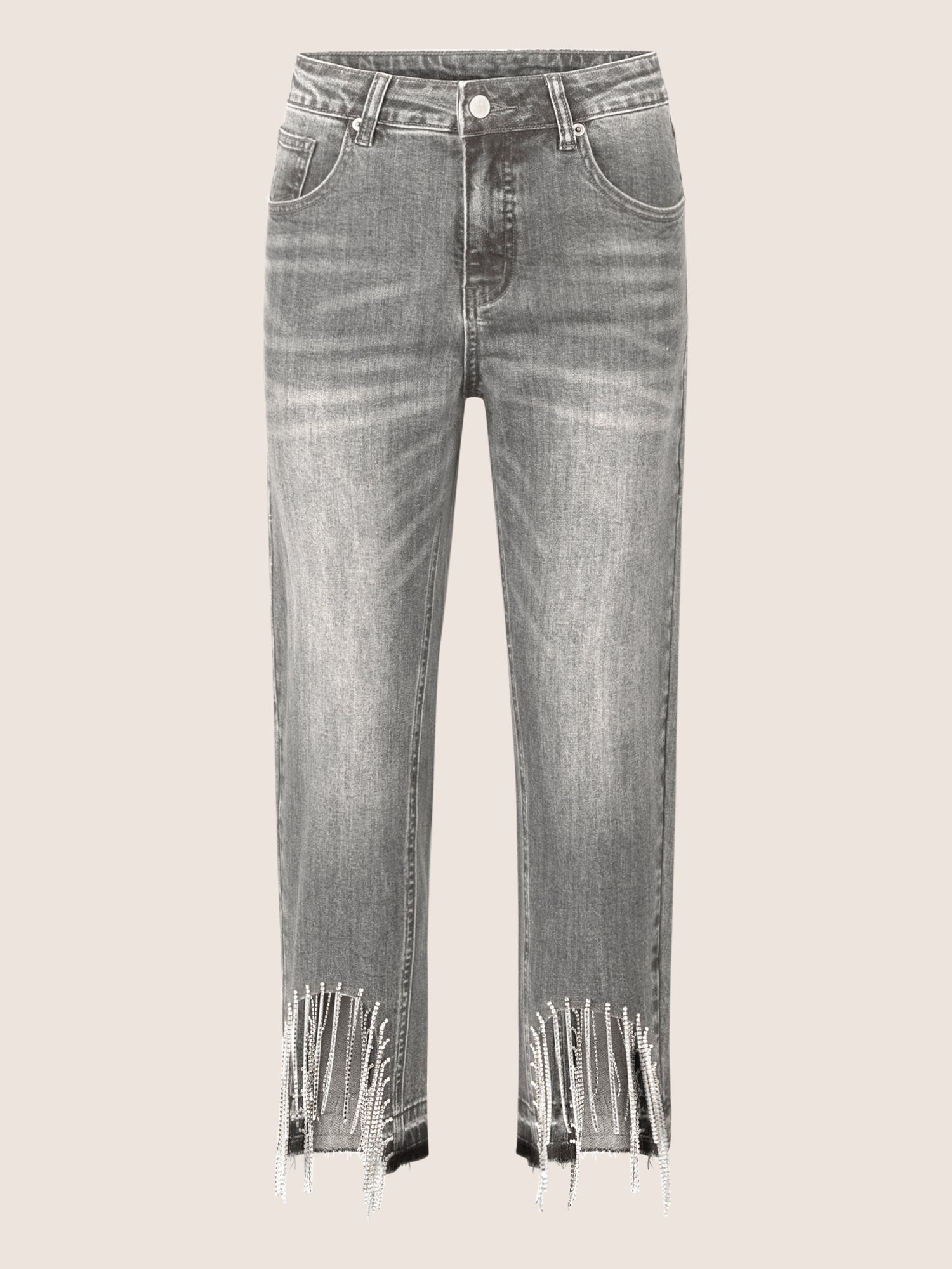 APART Mom Jeans mit Kristallsteinen mit Kristallstein Fransen am Saum | grau