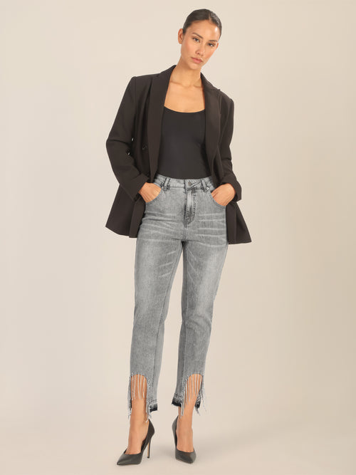 APART Mom Jeans mit Kristallsteinen mit Kristallstein Fransen am Saum | grau image 1