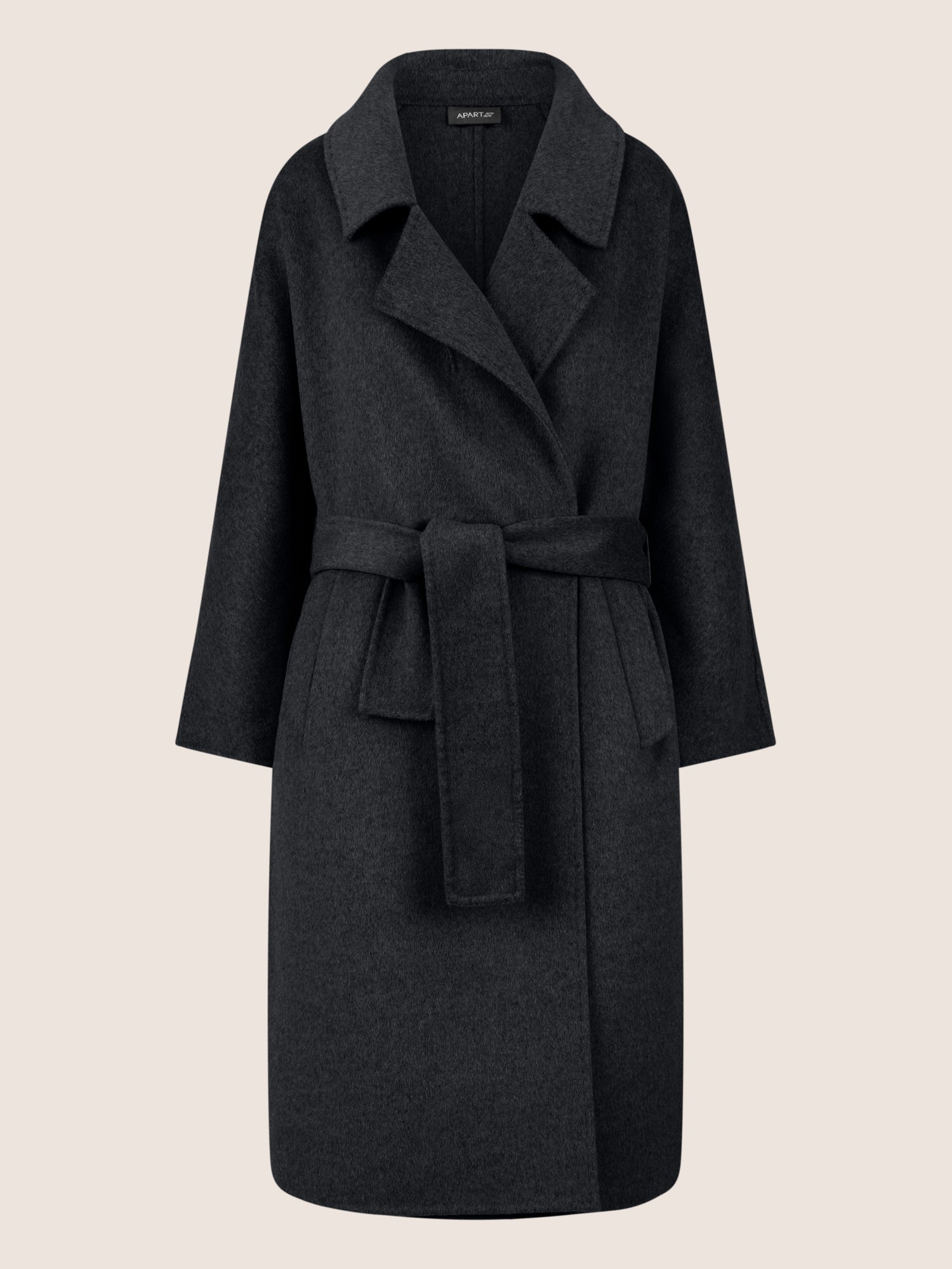 APART Wollmantel mit Bindegürtel und Reverskragen | schwarz