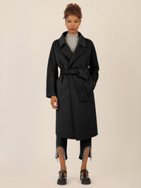 APART Wollmantel mit Bindegürtel und Reverskragen | schwarz