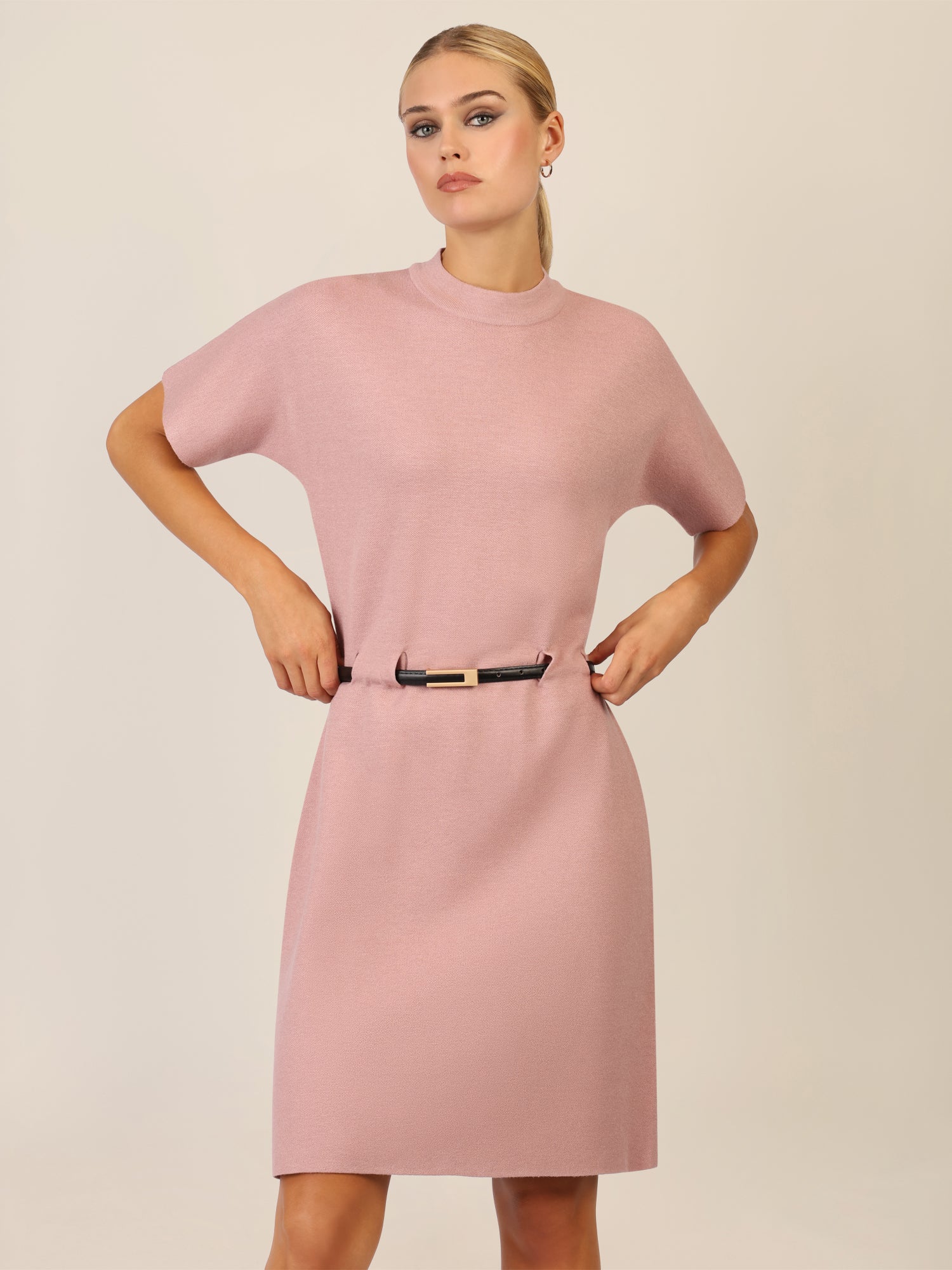 APART Strickkleid mit Gürtel und Stehkragen | mauve