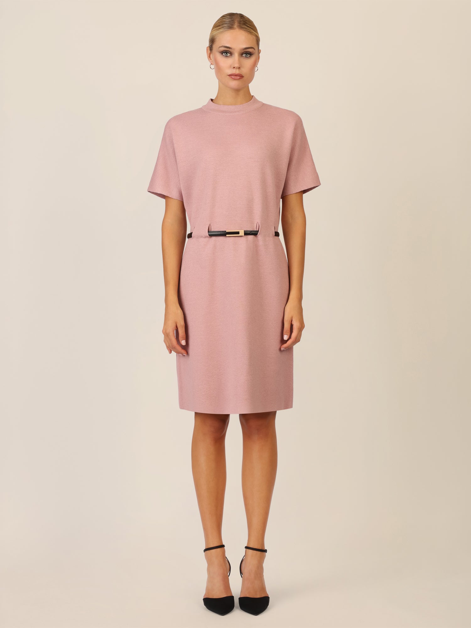 APART Strickkleid mit Gürtel und Stehkragen | mauve