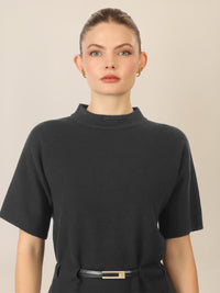 APART Strickkleid mit Gürtel und Stehkragen | schwarz