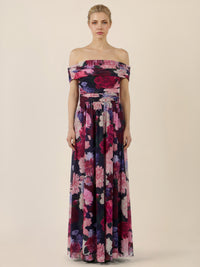 APART Schulterfreies Maxikleid mit floralem Print | weinrot-multicolor