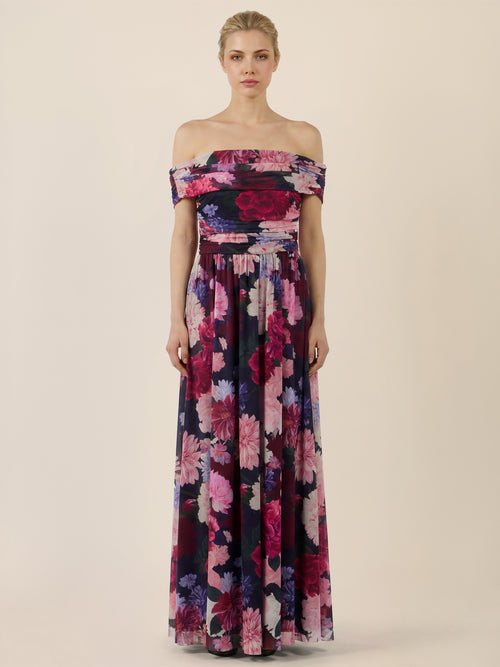 APART Schulterfreies Maxikleid mit floralem Print | weinrot-multicolor image 1