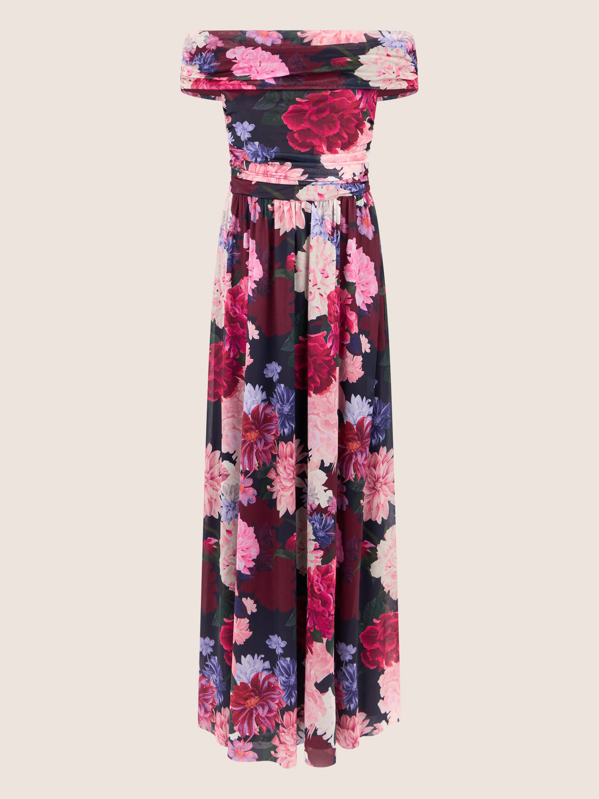 APART Schulterfreies Maxikleid mit floralem Print | weinrot-multicolor