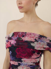APART Schulterfreies Maxikleid mit floralem Print | weinrot-multicolor