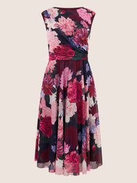 APART Ärmelloses Meshkleid mit Blumenprint und Drapierung | weinrot-multicolor