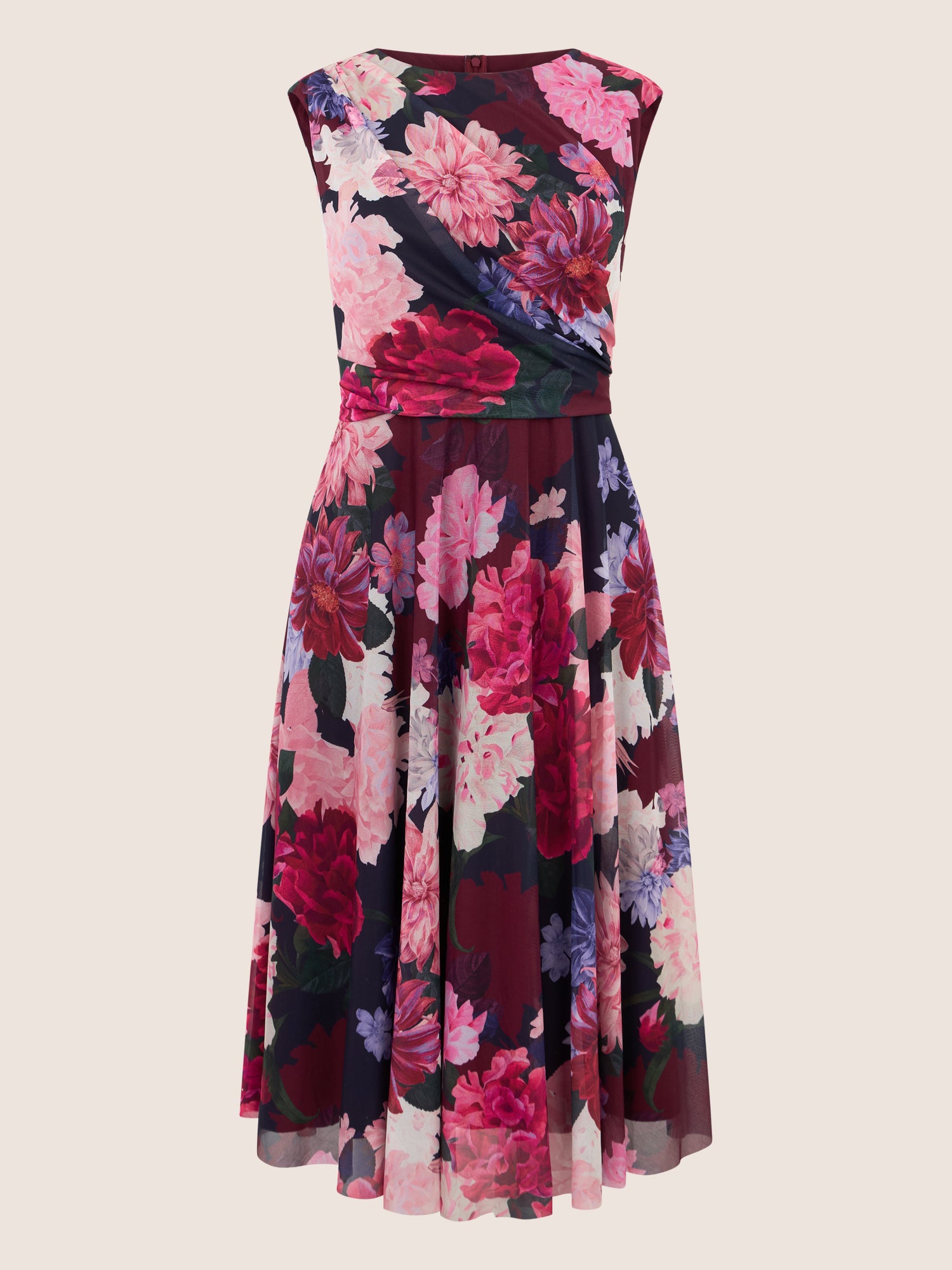 APART Ärmelloses Meshkleid mit Blumenprint und Drapierung | weinrot-multicolor