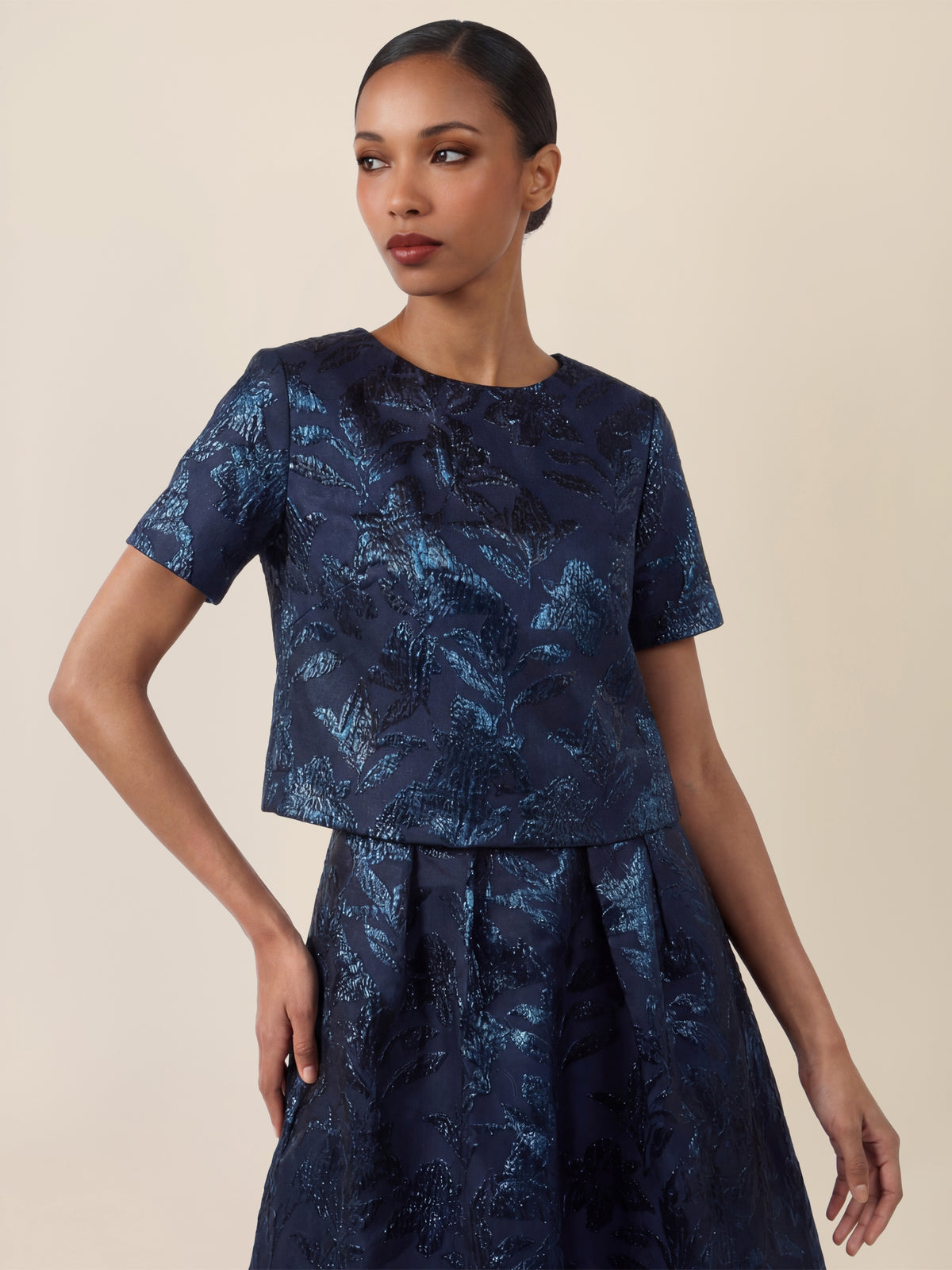 APART Jacquard-Top mit schimmerndem Strukturmotiv | nachtblau-metallic