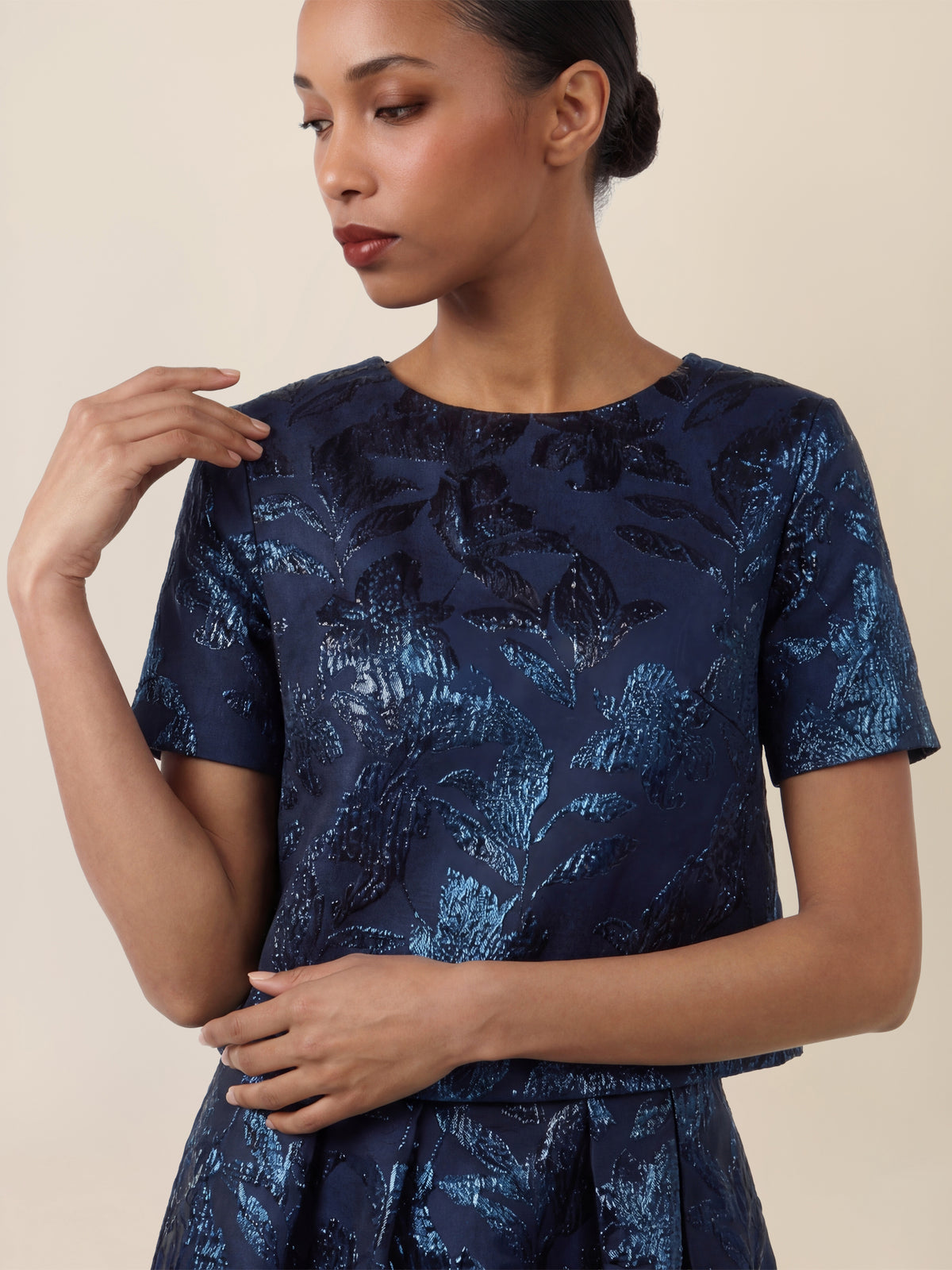 APART Jacquard-Top mit schimmerndem Strukturmotiv | nachtblau-metallic