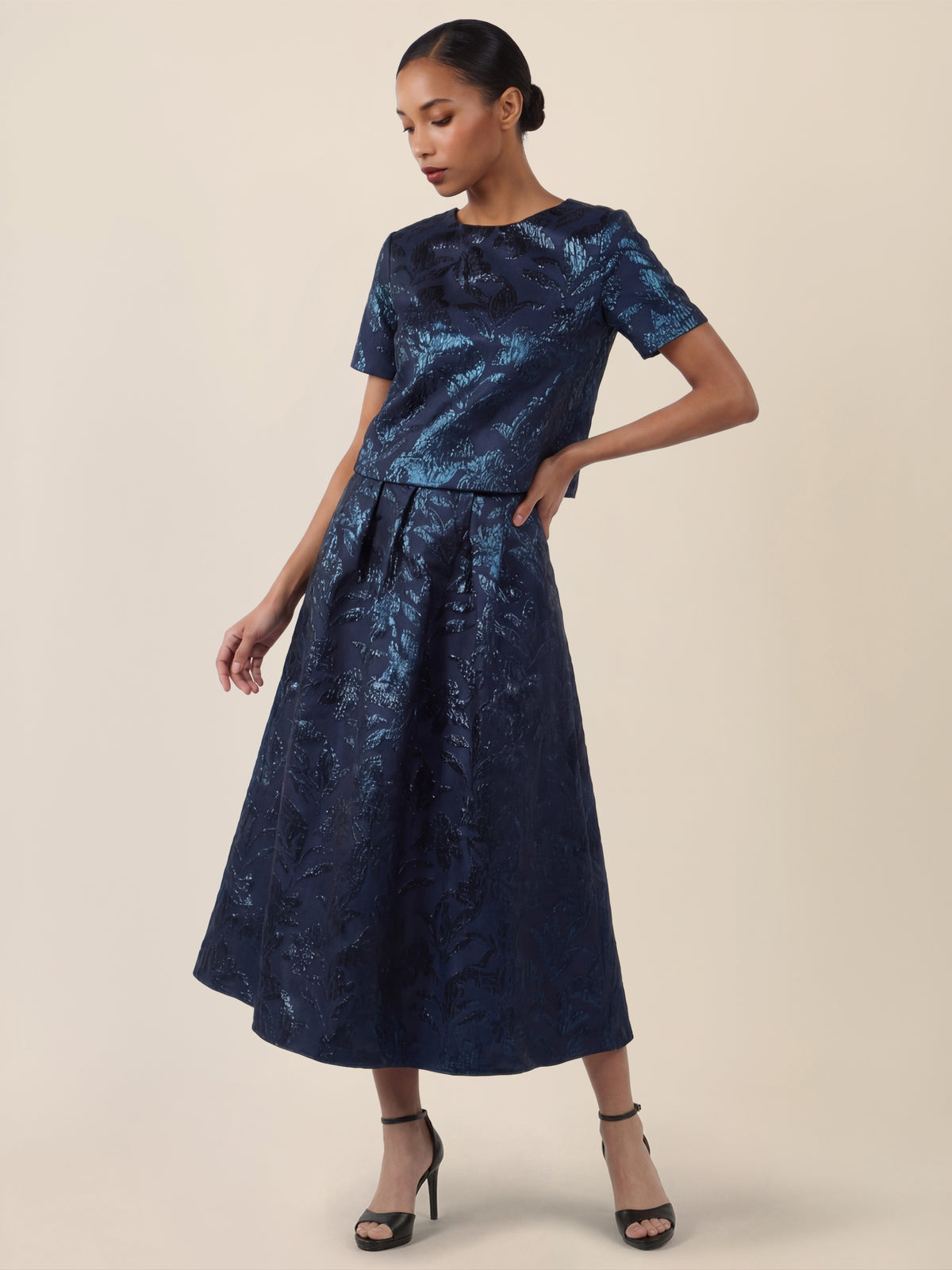 APART Jacquard-Top mit schimmerndem Strukturmotiv | nachtblau-metallic