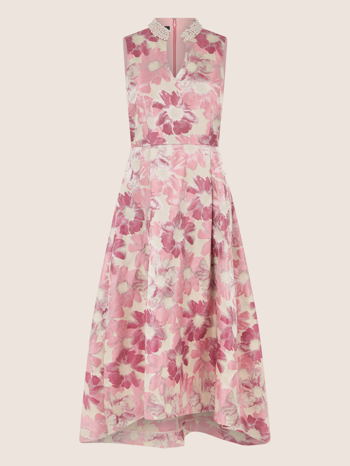 APART Midikleid mit Perlenkragen und Blütenjacquard | creme-rose