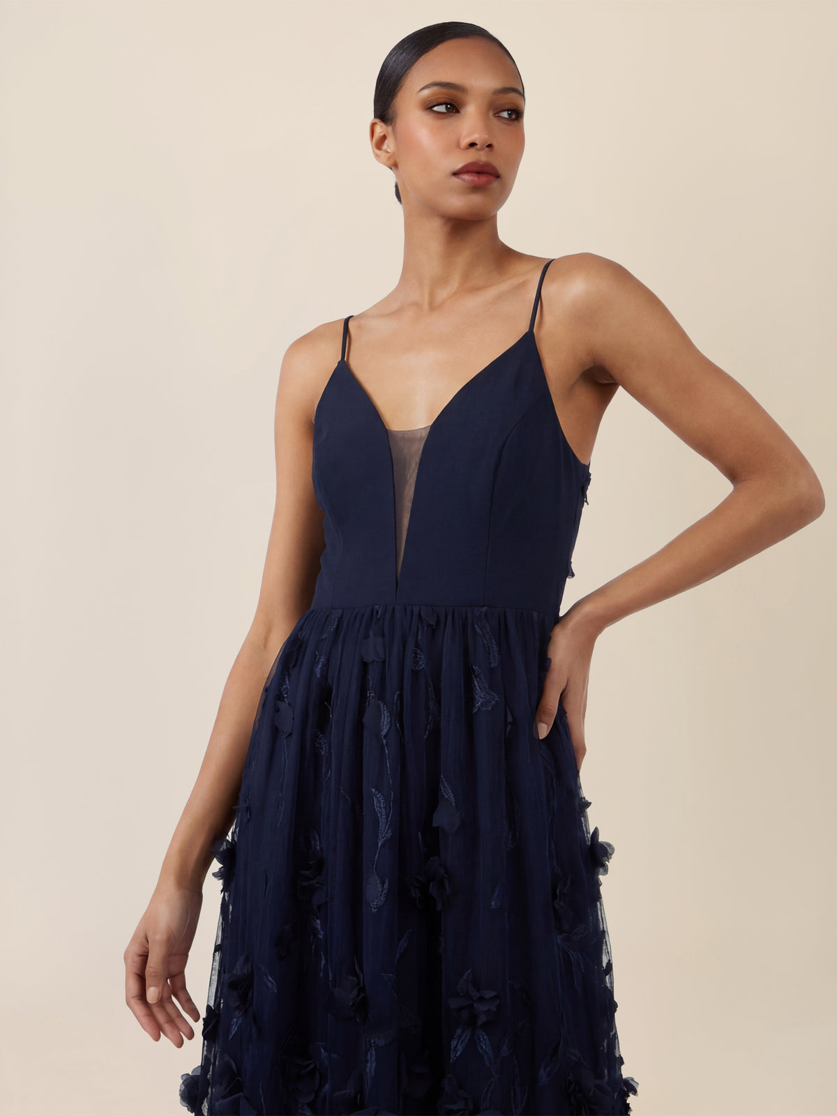 APART Maxikleid mit 3D-Blüten und Tüllrock | nachtblau