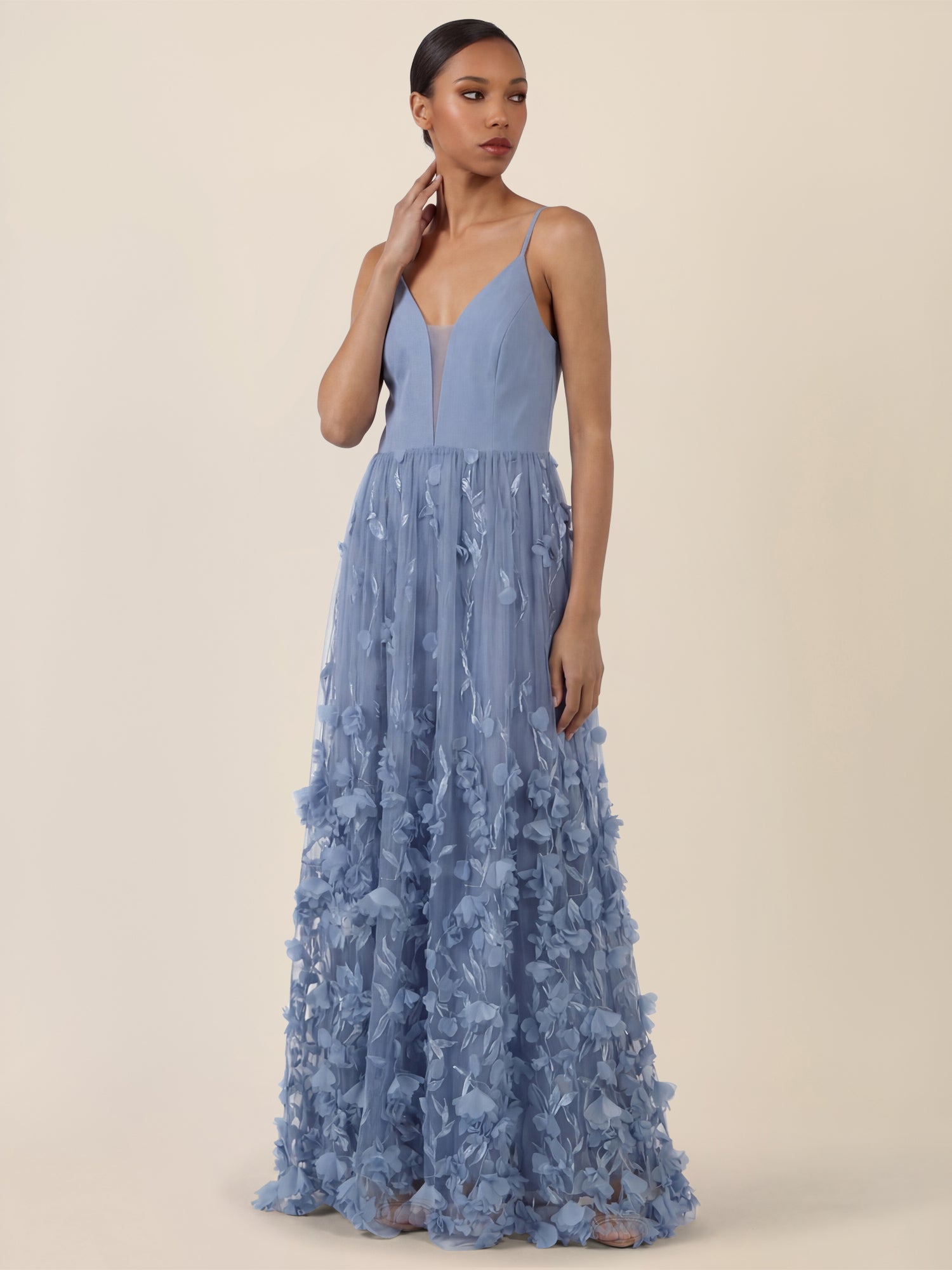 APART Maxikleid mit 3D-Blüten und Tüllrock | rauchblau