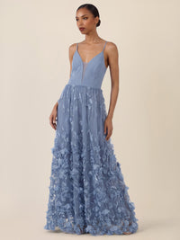 APART Maxikleid mit 3D-Blüten und Tüllrock | rauchblau