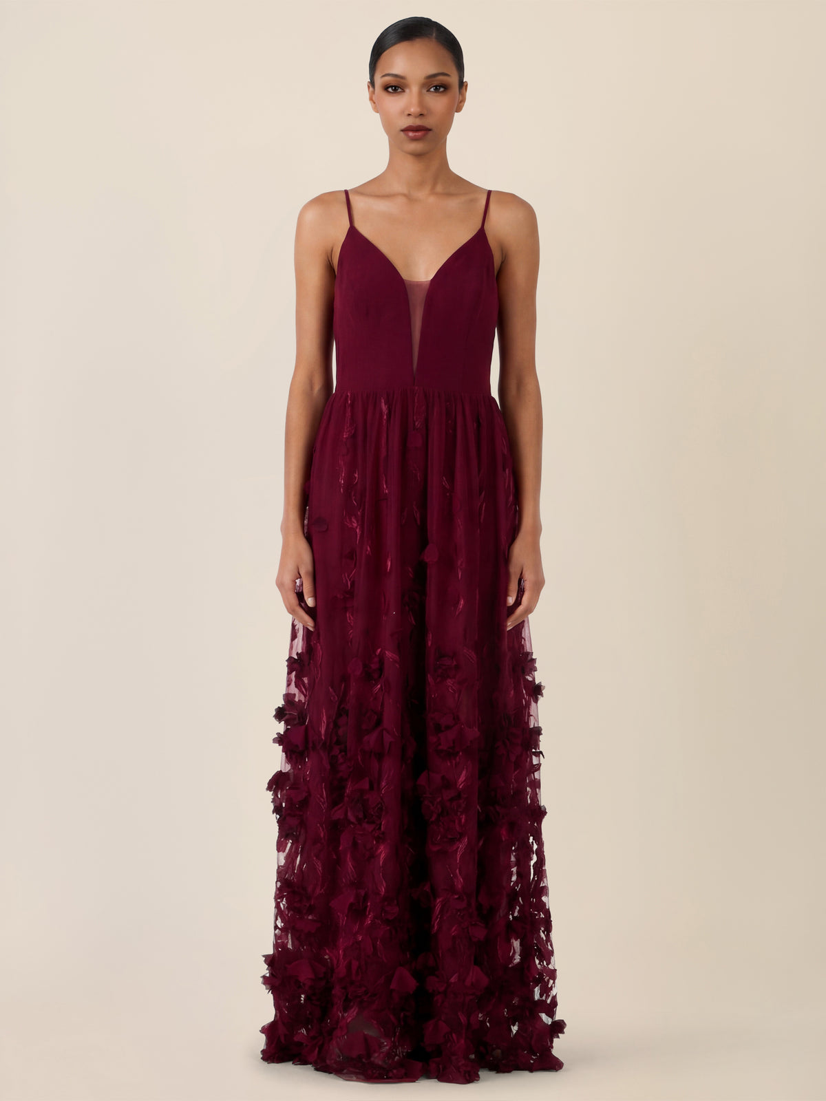 APART Maxikleid mit 3D-Blüten und Tüllrock | weinrot