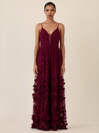 APART Maxikleid mit 3D-Blüten und Tüllrock | weinrot